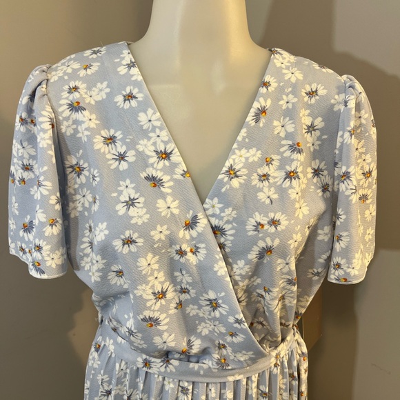 Blue Flutter Sleeve Wrap Midi Dress - Picture 4 of 14